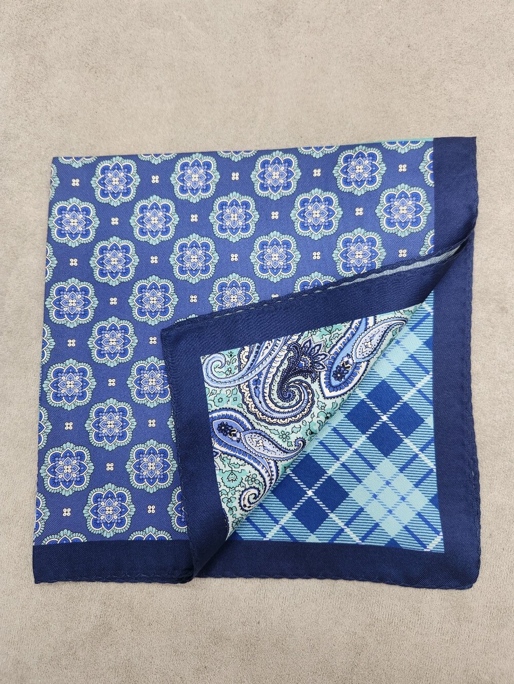 Cremieux Pocket Square Blue Turquoise 100% Silk Pochette Paisley 4 Panels New$35
